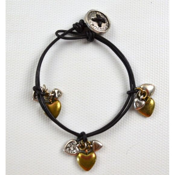 Fossil Bracelet Brown Cord String w/Heart Dangles w/‎ Rhinestones - Picture 1 of 12